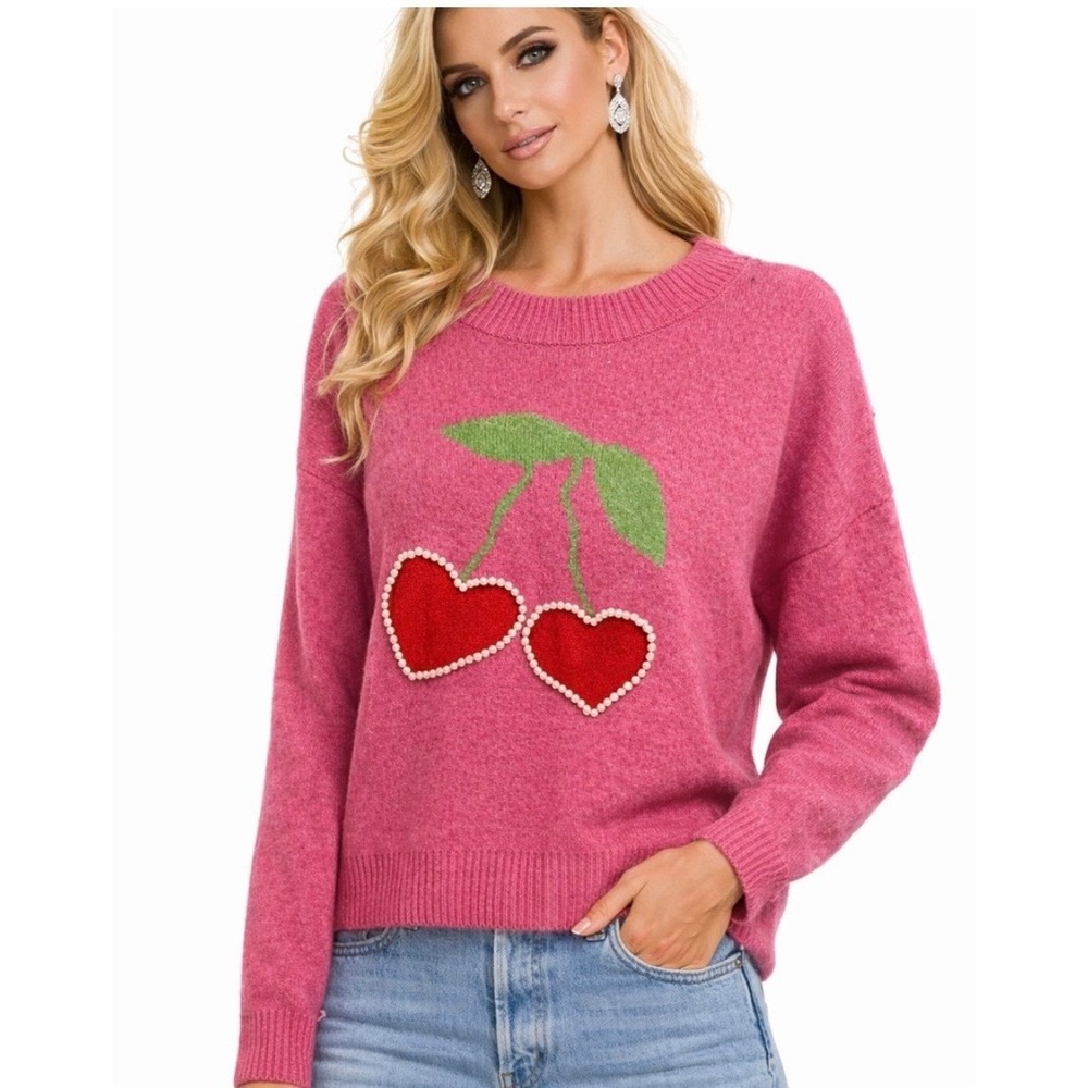 Cottagecore Women Pink Heart 3D‎ Cherry Pearl Crewneck Sweater S Preppy Girly